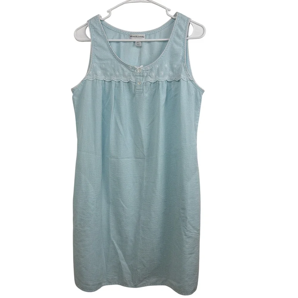 MISS ELAINE Light Blue Stripe Seersucker‎ Sleepshirt Nightgown M Cottagecore
